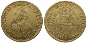 1757. Fernando VI (1746-1759). Lima. 8 escudos. JM. Au. Bella. Brillo original. EBC+ / EBC. Est.4000.