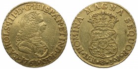 1761. Carlos III (1759-1788). Nuevo Reino. 2 escudos. JV. Au. Muy escasa. Brillo original. EBC-. Est.700.