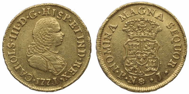 1771/0. Carlos III (1759-1788). Popayán. 2 escudos. J. Au. Rara sobrefecha. Bell...