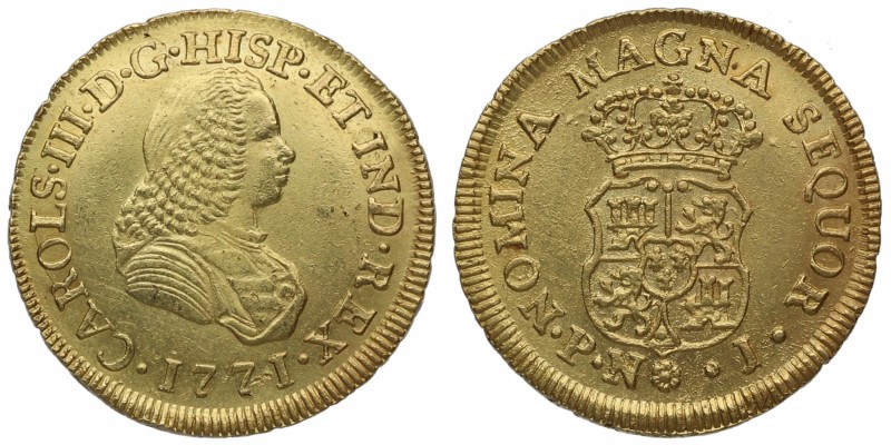 1771. Carlos III (1759-1788). Popayán. 2 escudos. J. Au. Muy rara así. Bellísima...