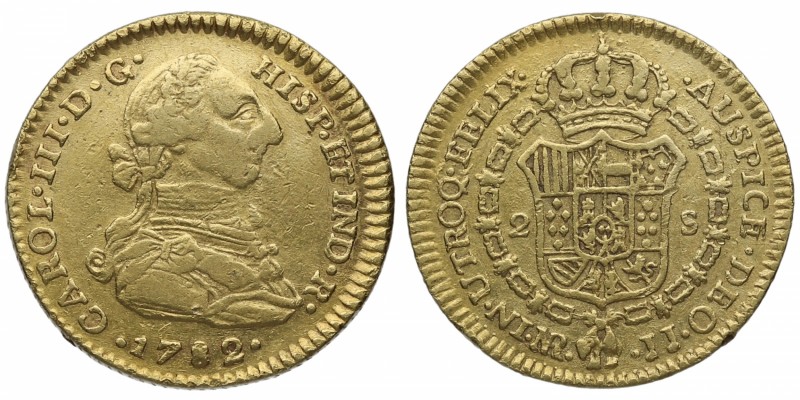 1782. Carlos III (1759-1788). Nuevo Reino. 2 escudos. JJ. Au. Escasa. Atractiva....