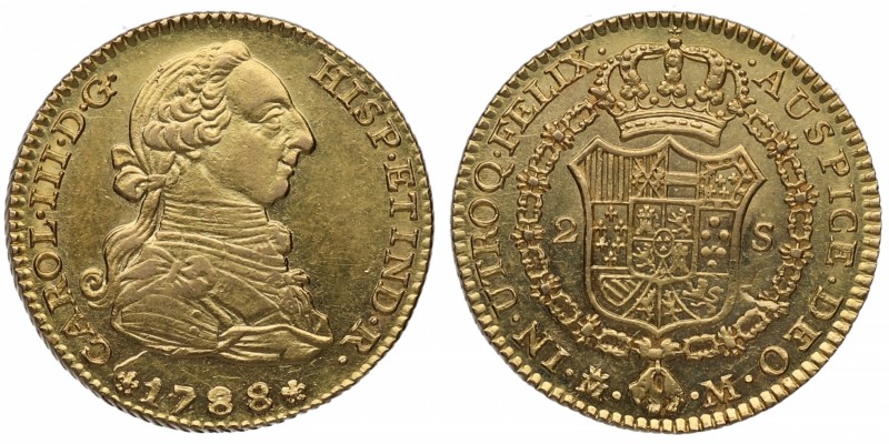 1788. Carlos III (1759-1788). Madrid. 2 escudos. M. Au. Bella. Pleno brillo orig...