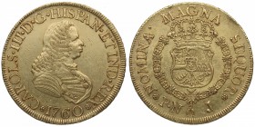 1760. Carlos III (1759-1788). Popayán. 8 escudos. J. Au. Rara. Bella. Restos de brillo original. EBC+ / EBC. Est.4000.