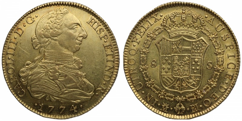 1774. Carlos III (1759-1788). Madrid. 8 escudos. PJ. Au. Muy bella. Brillo origi...