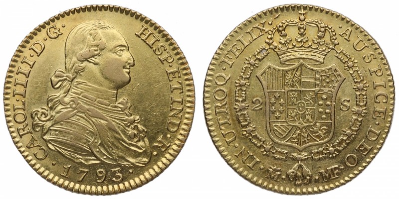 1793. Carlos IV (1788-1808). Madrid. 2 escudos. MF. Au. Bellísima. Pleno brillo ...