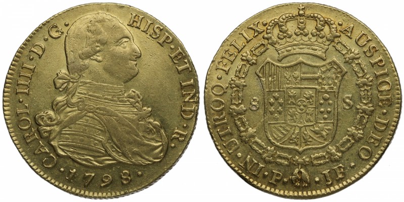 1798. Carlos IV (1788-1808). Popayán. 8 escudos. JF. Au. Atractiva. Brillo origi...