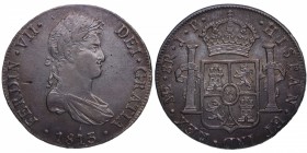 1813. Fernando VII (1808-1833). Lima. 8 reales. JP. Ag. Bella. Brillo original. Espectacular reverso. Golpecito en anverso. EBC+ / SC. Est.300.
