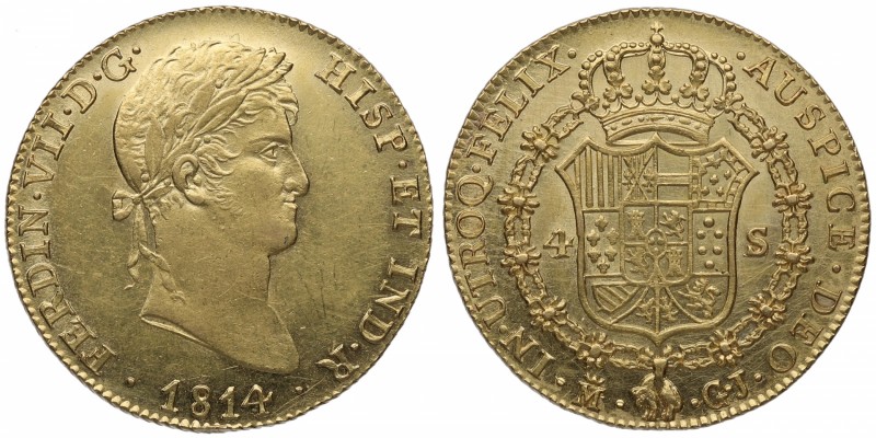 1814. Fernando VII (1808-1833). Madrid. 4 escudos. GJ. Au. Bellísima. Pleno bril...