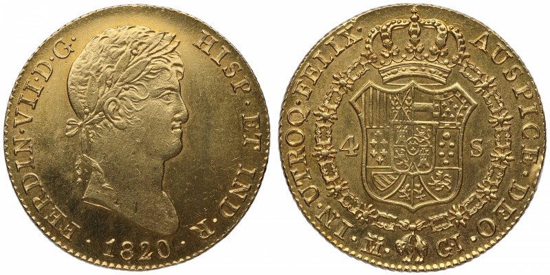 1820/4. Fernando VII (1808-1833). Madrid. 4 escudos. GJ. Au. Bellísima. Pleno br...