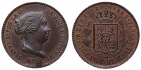 1859. Isabel II (1833-1868). Segovia. 10 céntimos de Real. Cu. Bella. Brillo original. SC-. Est.90.