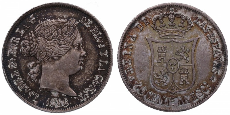 1866. Isabel II (1833-1868). Madrid. 40 céntimos de escudo. Ag. Pátina, pero bel...