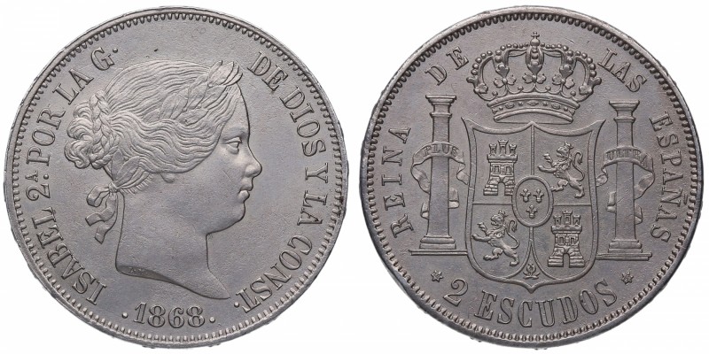 1868. Isabel II (1833-1868). Madrid. 2 escudos. Ag. Bella. EBC+. Est.30.