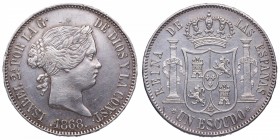 1868. Isabel II (1833-1868). Madrid. 1 escudo. Ag. EBC. Est.150.