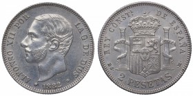 1882*82. Alfonso XII (1874-1885). Madrid. 2 pesetas. MSM. Ag. Atractiva. Insignificante ligera limpieza. EBC. Est.130.