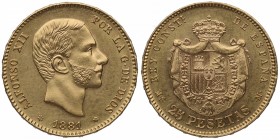 1881*81. Alfonso XII (1874-1885). Madrid. 25 pesetas. MSM. Au. Bella. Brillo original. SC. Est.375.