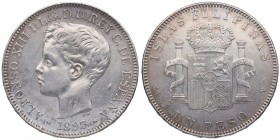 1897. Alfonso XIII (1886-1931). Manila. 1 peso. SGV. Ag. Escasa. EBC-. Est.120.