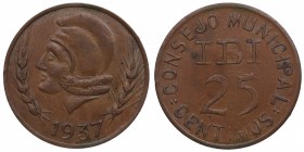 1937. Guerra Civil (1936-1939). Ibi (Alicante). 25 céntimos. CuNi. 2 sobre E. Escasa. EBC. Est.70.