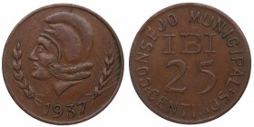 1937. Guerra Civil (1936-1939). Ibi (Alicante). 25 céntimos. CuNi. 2 sobre C. Escasa. EBC. Est.70.