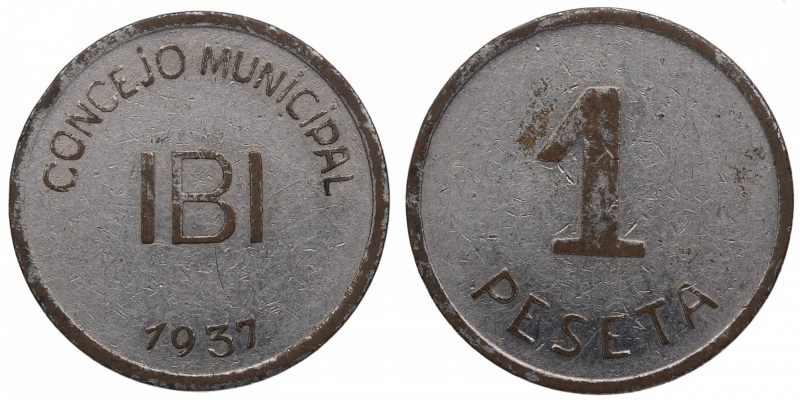 1937. Guerra Civil (1936-1939). Ibi (Alicante). 1 peseta. CuNi. Escasa. EBC. Est...