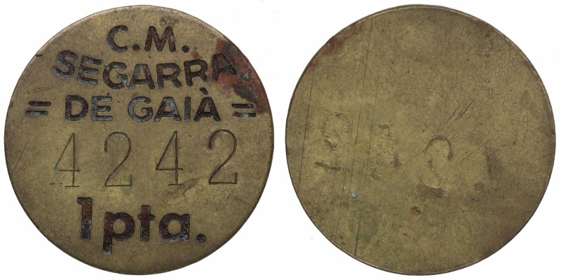 1937. Guerra Civil (1936-1939). Segarra de Gaià. 1 peseta. CuNi. Unifaz. Latón. ...