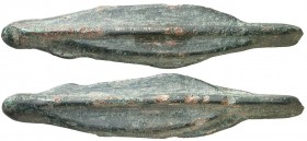 (550-500 a.C.). Tracia. Apolonia Póntica. Moneda de bronce en forma de punta de flecha. (S. falta) (CNG. III, 1327). 4,95 g. MBC+.