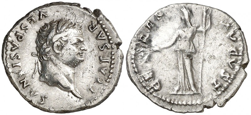 (77-78 d.C.). Tito. Denario. (Spink 2437) (S. 31) (RIC. 974, de Vespasiano). 3,4...