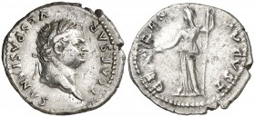 (77-78 d.C.). Tito. Denario. (Spink 2437) (S. 31) (RIC. 974, de Vespasiano). 3,41 g. MBC+.