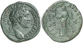 (159-160 d.C.). Antonino pío. Sestercio. (Spink 4205) (Co. 621) (RIC. 1031). 23,06 g. Raspadura en reverso. Pátina verde. (MBC+).