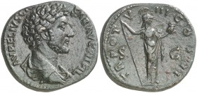 (153-154 d.C.). Marco Aurelio. Sestercio. (Spink 4815 var) (Co. 666) (RIC. 1312, de Antonino pío). 25,49 g. Campos repasados. (EBC-).