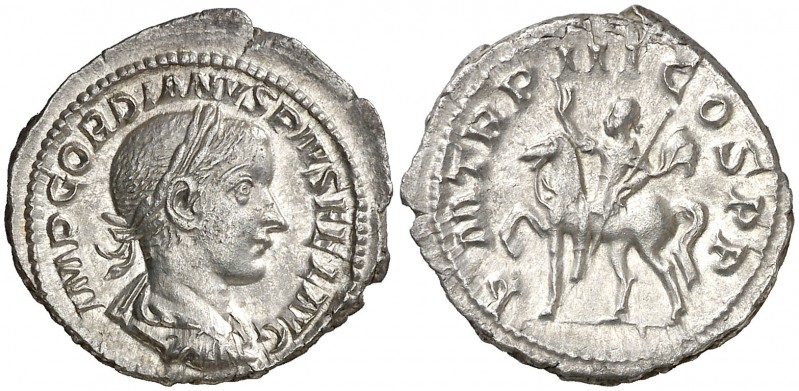 (240 d.C.). Gordiano III. Denario. (Spink 8678) (S. 234) (RIC. 81). 3,16 g. EBC-...