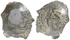 s/d. Felipe III. Banyoles. 1 diner. (AC. 7) (Cru.C.G. 3661). 0,44 g. Contramarca: cabeza de fraile en reverso, realizada en 1605. Escasa así. (EBC-).