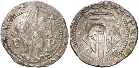 1598. Felipe III. Perpinyà. Doble sou. (AC. 51) (Cru.C.G. 3806a). 2,71 g. Contramarca: cabeza de San Juan, realizada en 1603. Buen ejemplar. MBC+.
