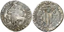 1598. Felipe III. Perpinyà. Doble sou. (AC. 51) (Cru.C.G. 3806a). 3,21 g. Contramarca: cabeza de San Juan, realizada en 1603. Buen ejemplar. Escasa as...