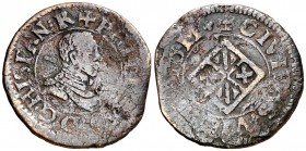 1611. Felipe III. Vic. 1 diner. (AC. 55) (Cru.C.G. 3900a var). 1,33 g. Los 1 de la fecha rectos. BC+.