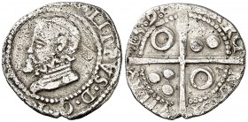 1599. Felipe III. Barcelona. 1/2 croat. (AC. tipo 80, falta año) (Cru.C.G. tipo 4340). 1,24 g. Busto de Felipe II. Rayitas en anverso. Oxidaciones lim...