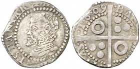 1609. Felipe III. Barcelona. 1 croat. (AC. 445) (Cru.C.G. 4339 falta var). 3,08 g. Busto de Felipe II. Cospel irregular. Rara. (MBC+).