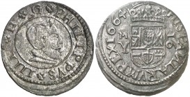 1664. Felipe IV. M (Madrid). Y. 16 maravedís. (AC. 481). 4 g. Conserva parte del plateado original. Bella. Rara así. EBC-/EBC.