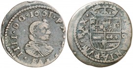 1661. Felipe IV. Trujillo. M. 16 maravedís. (AC. 502). 3,77 g. Sin gráfila interior. Rara. MBC-.