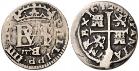 1652. Felipe IV. Segovia. BR invertidas. 1/2 real. (AC. 632). 1,36 g. Ex Colección de 1/4 y 1/2 real, Áureo 17/12/2002, nº 1392. MBC-/MBC.