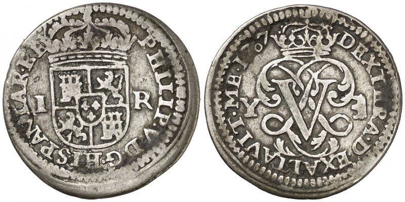 1707. Felipe V. Segovia. Y. 1 real. (AC. 621). 2,80 g. El 0 de la fecha pequeño....