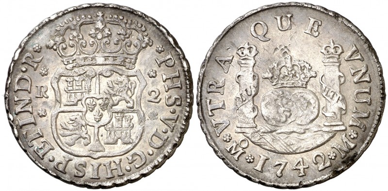 1742. Felipe V. México. M. 2 reales. (AC. 826). 6,61 g. Columnario. Golpecitos. ...