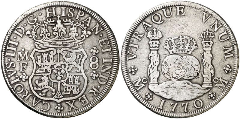 1770. Carlos III. México. MF. 8 reales. (AC. 1099). 26,28 g. Columnario. MBC-.