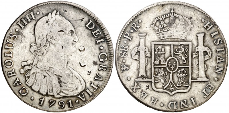 1791. Carlos IV. Potosí. PR. 8 reales. (AC. 991). 26,73 g. Primer año de busto p...