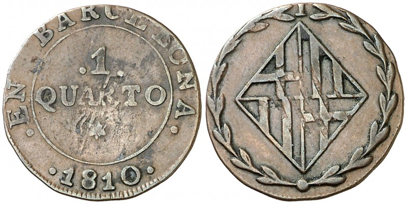 1810. Catalunya Napoleónica. Barcelona. 1 cuarto. (AC. 4). 1,89 g. Acuñada sobre...