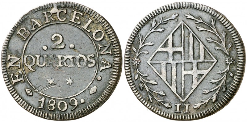 1809. Catalunya Napoleónica. Barcelona. 2 cuartos. (AC. 10). 4,39 g. Escasa. MBC...