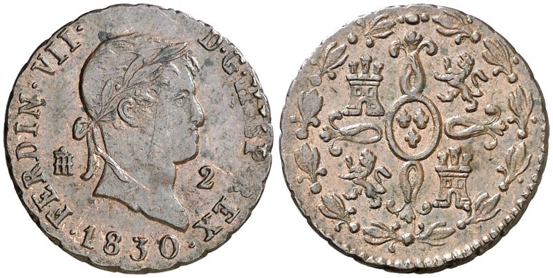 1830. Fernando VII. Segovia. 2 maravedís. (AC. 152). 2,31 g. Rayita. EBC-/EBC.