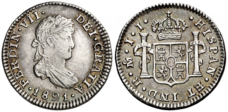 1821. Fernando VII. México. JJ. 1/2 real. (AC. 412). 1,66 g. Rayita. Preciosa pá...