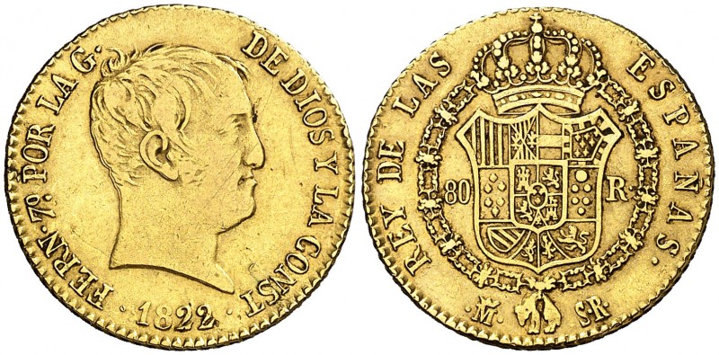 1822. Fernando VII. Madrid. SR. 80 reales. (AC. 1641). 6,72 g. Tipo "cabezón". M...