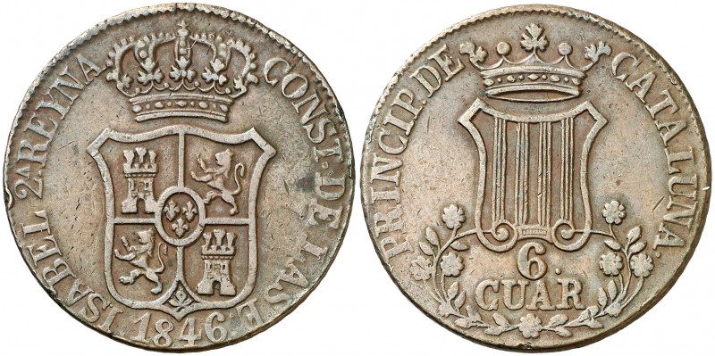 1846. Isabel II. Barcelona. 6 cuartos. (AC. 31). 12,95 g. Flores de 7 pétalos. G...