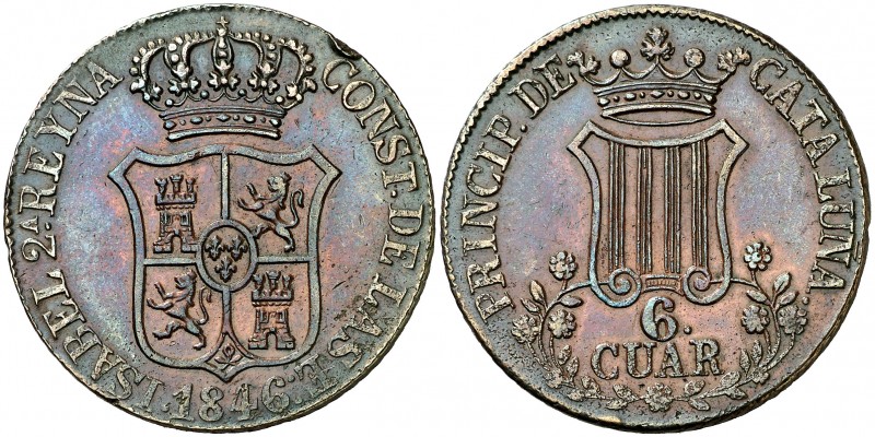 1846. Isabel II. Barcelona. 6 cuartos. (AC. 31). 14 g. Flores de 7 pétalos. MBC+...